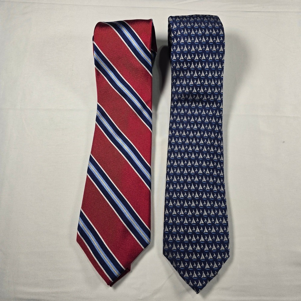 Chaps Silk Tie Lot of 2 Red Navy Stripe Preppy Office Old‎ Money